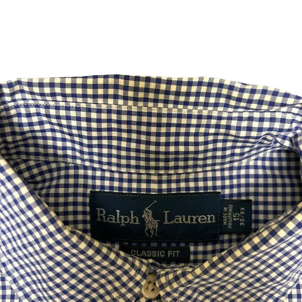 Polo Ralph‎ Lauren Shirt Mens 15 32 33 Blue Gingham Check Long Sleeve